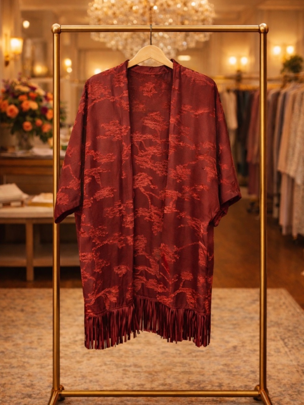 Chico’s Burgundy Chenille Floral Jacquard Fringe Ruana Open Front S NWT Boho